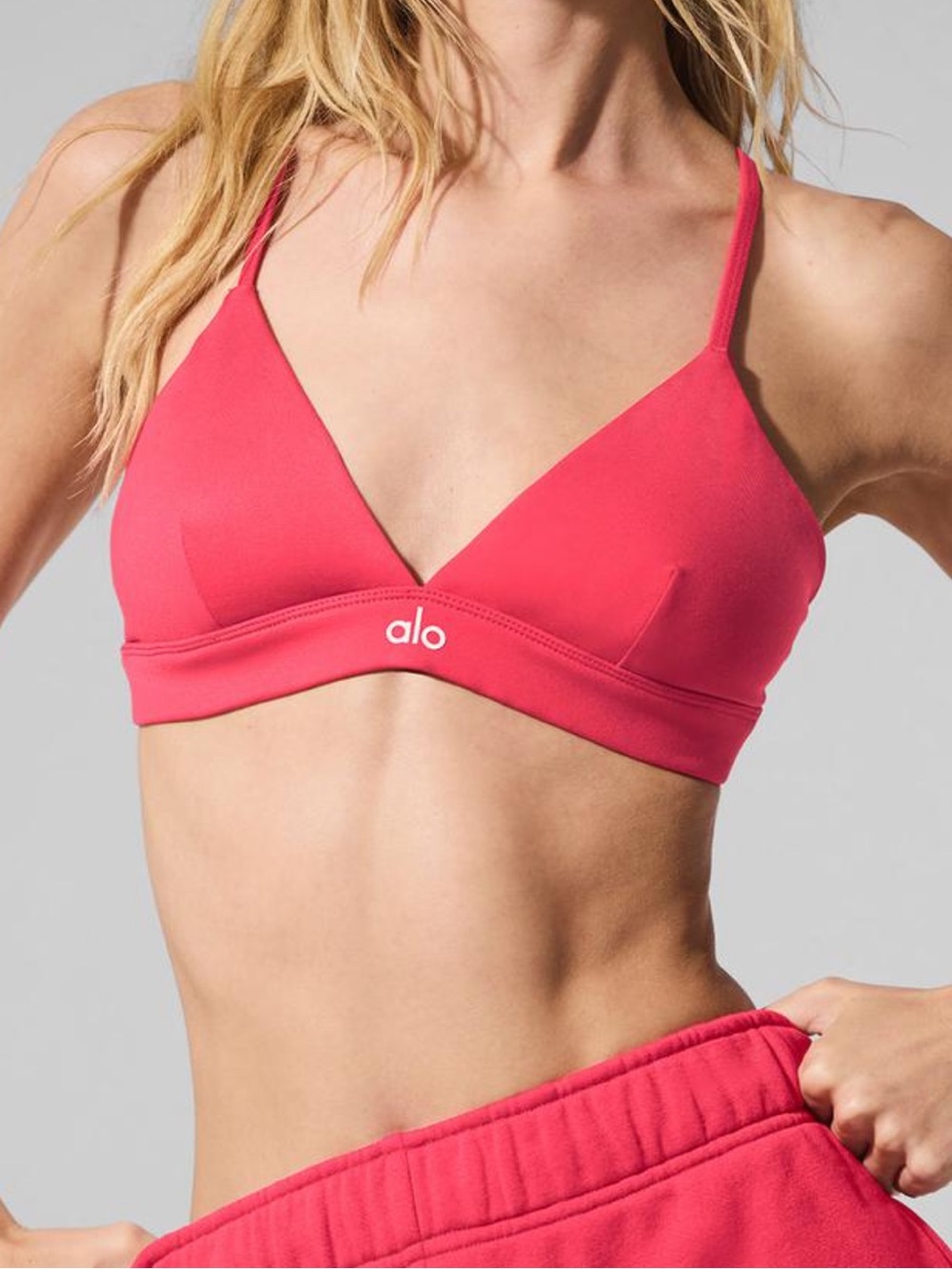 ALO Yoga Splendor Bralette and 3” Alosoft shorts in Candy Red